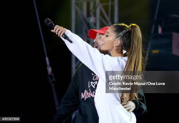 Mac Miller and Ariana Grande on stage during the One Love Manchester Benefit Concert at Old Trafford Cricket Ground on June 4, 2017 in Manchester,...