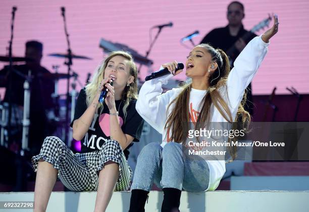 Ariana Grande and Miley Cyrus perform on stage during the One Love Manchester Benefit Concert at Old Trafford Cricket Ground on June 4, 2017 in...