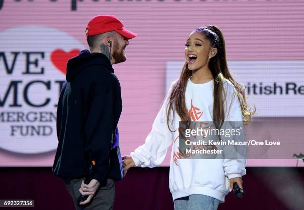 Mac Miller and Ariana Grande perform on stage during the One Love Manchester Benefit Concert at Old Trafford Cricket Ground on June 4, 2017 in...
