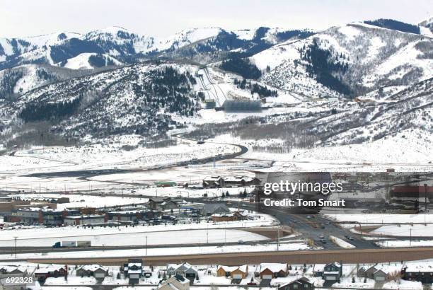 View of the snow covered Utah Olympic Park and Kimball Junction interchange at Interstate 80 January 9, 2002 in Salt Lake City, Utah. 400 million...