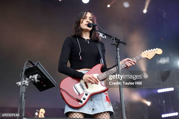 Theresa Wayman of Warpaint perform live onstage during 2017 Governors Ball Music Festival - Day 3 at Randall's Island on June 4, 2017 in New York...