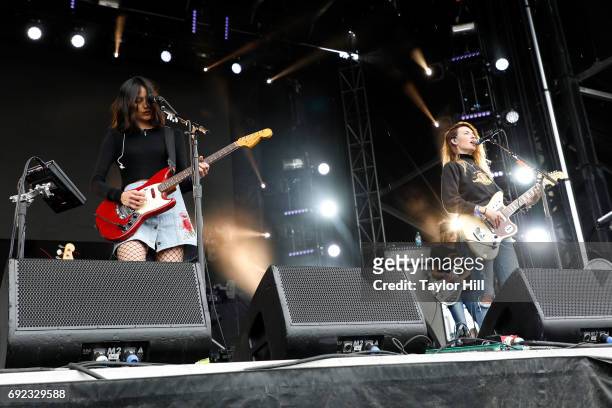 Theresa Wayman and Emily Kokal of Warpaint perform live onstage during 2017 Governors Ball Music Festival - Day 3 at Randall's Island on June 4, 2017...
