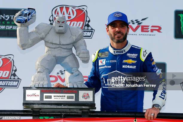 Jimmie Johnson, driver of the Lowe's Chevrolet, poses with the trophy in Victory Lane after winning the Monster Energy NASCAR Cup Series AAA 400...