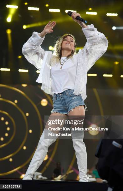 Miley Cyrus performs on stage during the One Love Manchester Benefit Concert at Old Trafford Cricket Ground on June 4, 2017 in Manchester, England.