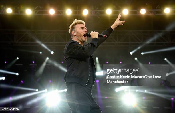 Gary Barlow of Take That performs on stage during the One Love Manchester Benefit Concert at Old Trafford Cricket Ground on June 4, 2017 in...