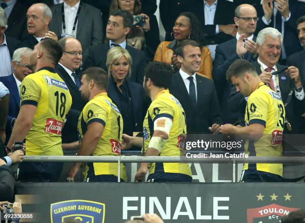 Prince Albert II de Monaco, French President Emmanuel Macron and his wife Brigitte Macron, above French Minister of Sports Laura Flessel during the...