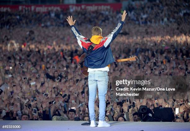 Justin Bieber performs on stage during the One Love Manchester Benefit Concert at Old Trafford Cricket Ground on June 4, 2017 in Manchester, England.