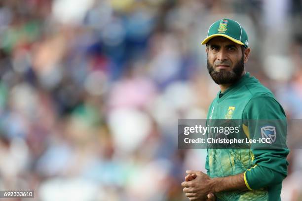 Imran Tahir of South Africa in the field during the ICC Champions Trophy Group B match between Sri Lanka and South Africa at The Kia Oval on June 3,...