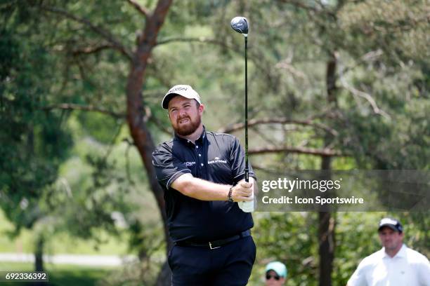 Golfer Shane Lowery tees off on the second hole during the Memorial Tournament - Final Round on June 04, 2017 at Muirfield Village Golf Club in...