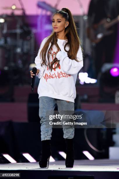 Free for editorial use. In this handout provided by 'One Love Manchester' benefit concert Ariana Grande performs on stage on June 4, 2017 in...