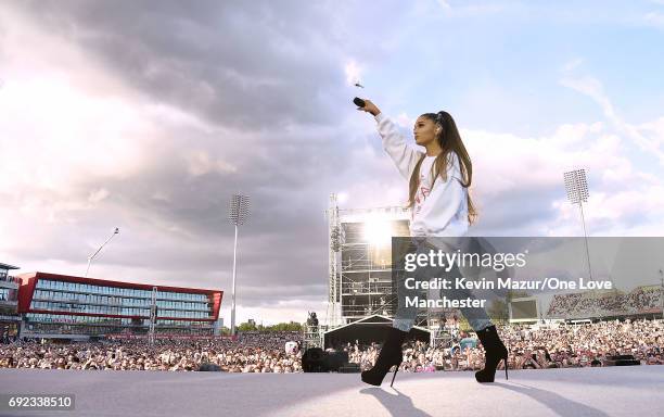 Ariana Grande performs on stage during the One Love Manchester Benefit Concert at Old Trafford Cricket Ground on June 4, 2017 in Manchester, England.