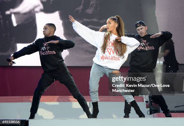 Ariana Grande performs on stage during the One Love Manchester Benefit Concert at Old Trafford Cricket Ground on June 4, 2017 in Manchester, England.