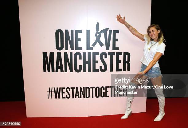 Miley Cyrus backstage during the One Love Manchester Benefit Concert at Old Trafford Cricket Ground on June 4, 2017 in Manchester, England.