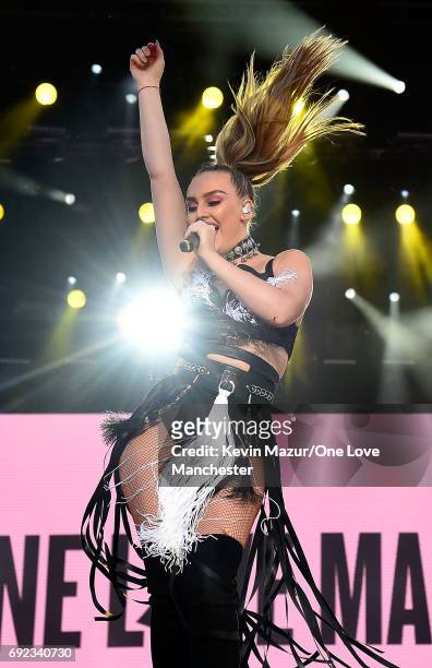 Perrie Edwards of Little Mix performs on stage during the One Love Manchester Benefit Concert at Old Trafford Cricket Ground on June 4, 2017 in...