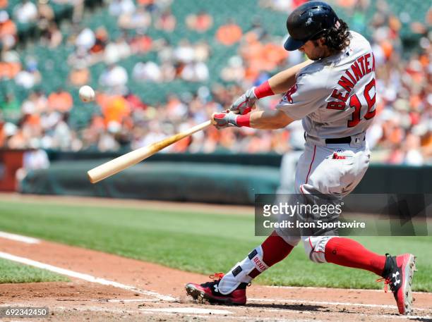 Boston Red Sox left fielder Andrew Benintendi hits a solo home run in the third inning against the Baltimore Orioles on June 4, 2017 at Orioles Park...