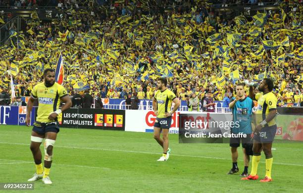 Supporters of ASM Clermont during the Top 14 final match between RC Toulon and ASM Clermont Auvergne at Stade de France on June 4, 2017 in...