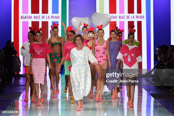 Designer Agatha Ruiz de la Prada walks the runway with her models at Agatha Ruiz de la Prada fashion show at the Miami Fashion Week at Ice Palace...