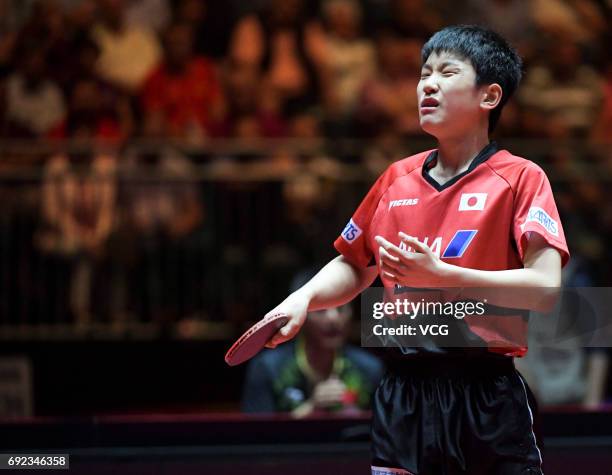 Tomokazu Harimoto of Japan competes during Men's Singles quarterfinal match against Xu Xin of China on day 7 of World Table Tennis Championships at...