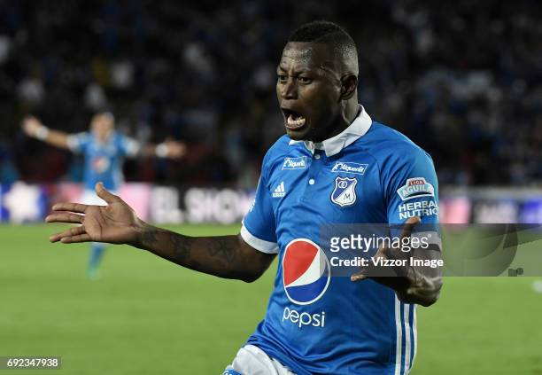 Duvier Riascos of Millonarios celebrates after socring his team's second goal during the match between Millonarios and Atletico Bucaramanga at...