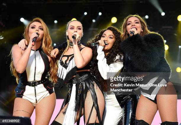 Little Mix perform on stage during the One Love Manchester Benefit Concert at Old Trafford Cricket Ground on June 4, 2017 in Manchester, England.