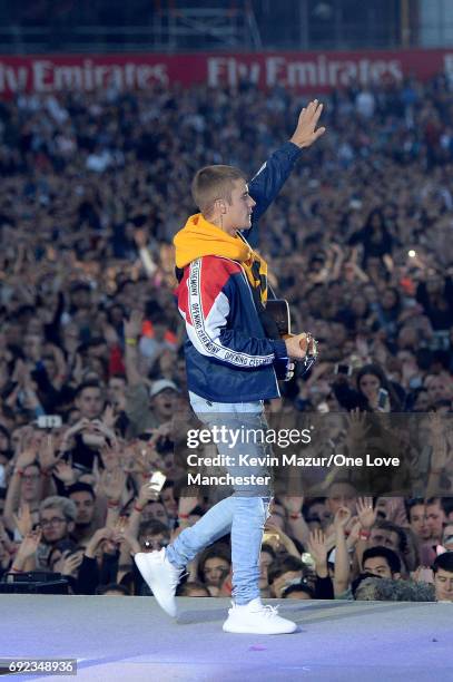 Justin Bieber performs on stage during the One Love Manchester Benefit Concert at Old Trafford Cricket Ground on June 4, 2017 in Manchester, England.