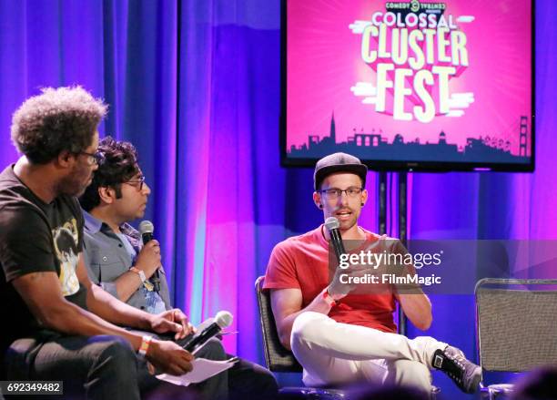 Comedians Kamau Bell and Hari Kondabolu and journalist Shane Bauer speak onstage at the Larkin Comedy Club during Colossal Clusterfest at Civic...