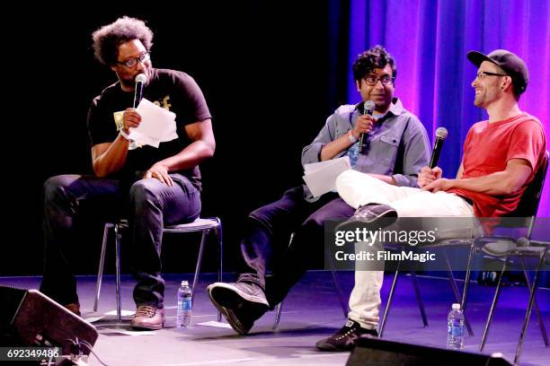 Comedians Kamau Bell and Hari Kondabolu and journalist Shane Bauer speak onstage at the Larkin Comedy Club during Colossal Clusterfest at Civic...