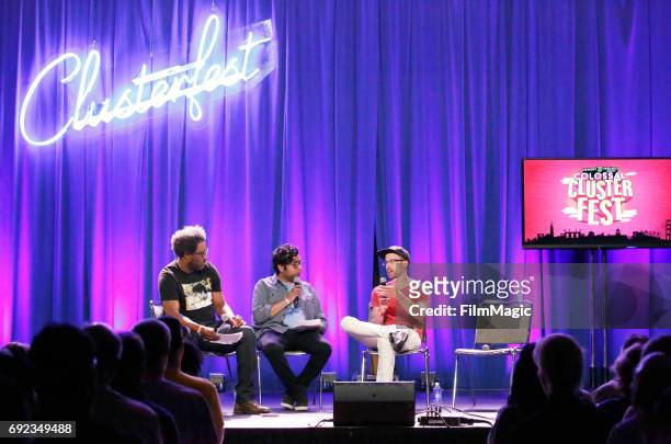 Comedians Kamau Bell and Hari Kondabolu and journalist Shane Bauer speak onstage at the Larkin Comedy Club during Colossal Clusterfest at Civic...