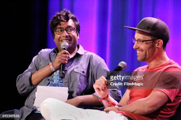 Comedian Hari Kondabolu and journalist Shane Bauer speak onstage at the Larkin Comedy Club during Colossal Clusterfest at Civic Center Plaza and The...