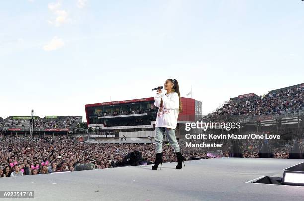 Ariana Grande performs on stage during the One Love Manchester Benefit Concert at Old Trafford Cricket Ground on June 4, 2017 in Manchester, England.