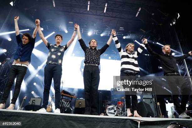 Musicians Dino Bardot, Miaoux Miaoux, Alex Kapranos, Paul Thomson and Bob Hardy of Franz Ferdinand perform live onstage during 2017 Governors Ball...