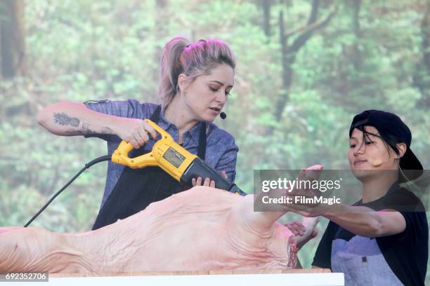 Chefs Brooke Williamson and Melissa King onstage at the Piazza Del Cluster Stage during Colossal Clusterfest at Civic Center Plaza and The Bill...