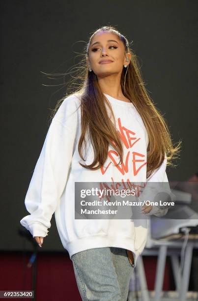 Ariana Grande performs on stage during the One Love Manchester Benefit Concert at Old Trafford Cricket Ground on June 4, 2017 in Manchester, England.