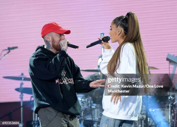 Mac Miller and Ariana Grande perform on stage during the One Love Manchester Benefit Concert at Old Trafford Cricket Ground on June 4, 2017 in...