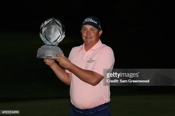 Jason Dufner poses with the tournament trophyafter winning the Memorial Tournament at Muirfield Village Golf Club on June 4, 2017 in Dublin, Ohio.