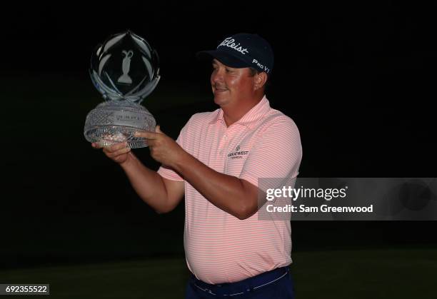 Jason Dufner poses with the tournament trophyafter winning the Memorial Tournament at Muirfield Village Golf Club on June 4, 2017 in Dublin, Ohio.