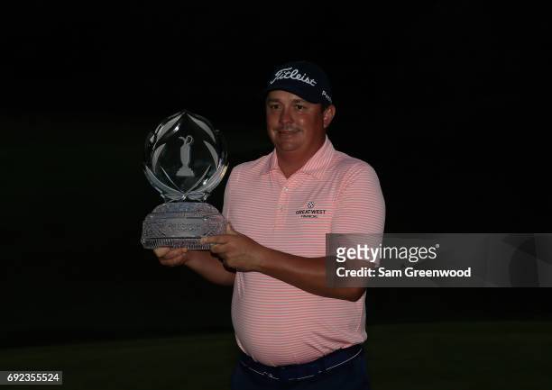 Jason Dufner poses with the tournament trophyafter winning the Memorial Tournament at Muirfield Village Golf Club on June 4, 2017 in Dublin, Ohio.