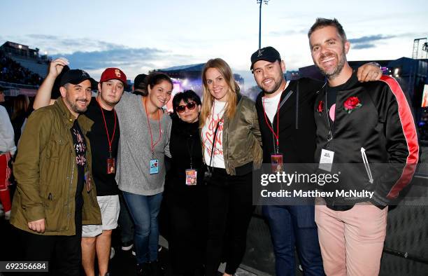 Joan Grande and Scooter Braun pose during the One Love Manchester concert at Old Trafford Cricket Ground Cricket Club on June 4, 2017 in Manchester,...