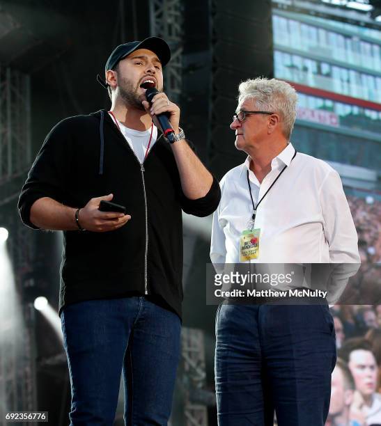 Scooter Braun speaks on stage during the One Love Manchester concert at Old Trafford Cricket Ground Cricket Club on June 4, 2017 in Manchester,...