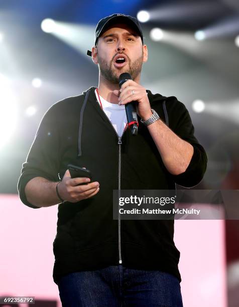 Scooter Braun speaks on stage during the One Love Manchester concert at Old Trafford Cricket Ground Cricket Club on June 4, 2017 in Manchester,...