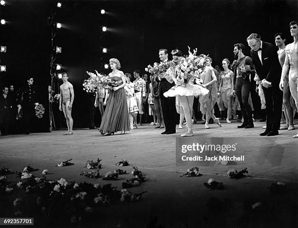 Harkness Ballet "Macumba" curtain call in Barcelona, Lawrence Rhodess, Rebekah Harkness, George Skibine, Marjorie Tallchief, Donald Saddler, Helgi...