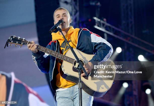 Justin Bieber performs on stage during the One Love Manchester Benefit Concert at Old Trafford Cricket Ground on June 4, 2017 in Manchester, England.