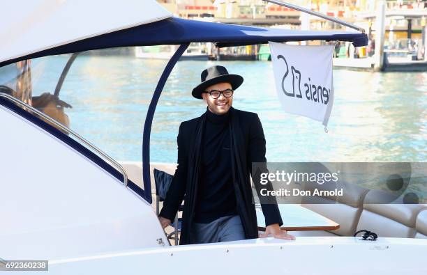 Guy Sebastian arrives by boat to the Vivid Sydney CEO Club Event Launch on June 5, 2017 in Sydney, Australia.