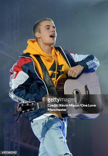 Justin Bieber performs on stage during the One Love Manchester Benefit Concert at Old Trafford Cricket Ground on June 4, 2017 in Manchester, England.