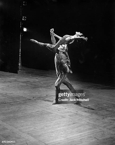 Harkness Ballet dancers Roderick Drew and Brunilda Ruiz in "Sebastian", 1966.