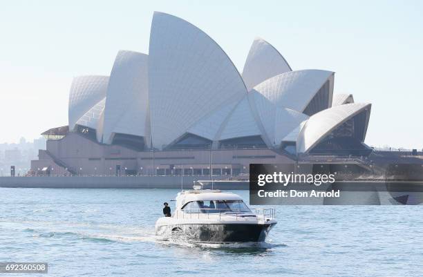 Guy Sebastian arrives by boat to the Vivid Sydney CEO Club Event Launch on June 5, 2017 in Sydney, Australia.