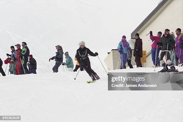 American socialite Ivana Trump skiing at Crans-Montana, Switzerland, 1997. Ivana is the ex-wife of American businessman Donald Trump.