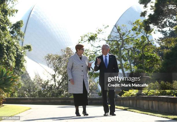 Secretary of Defence Jim Mattis and Australian Minister for Defence Marise Payne take a garden walk at Government House for the 2017 Australia-United...