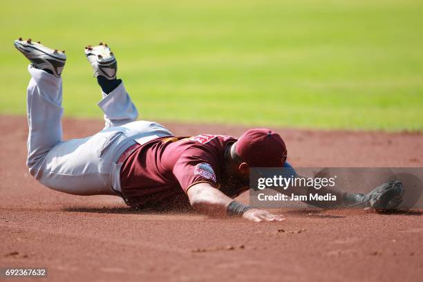 Alberto Callaspo of Union Laguna slides during the match between Union Laguna and Diablos Rojos as part of the Liga Mexicana de Beisbol 2017 at Fray...