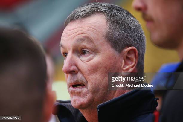 Bombers legend Neale Daniher speaks to media during a cheque presentation to fight MND at the Essendon Football Club on June 5, 2017 in Melbourne,...